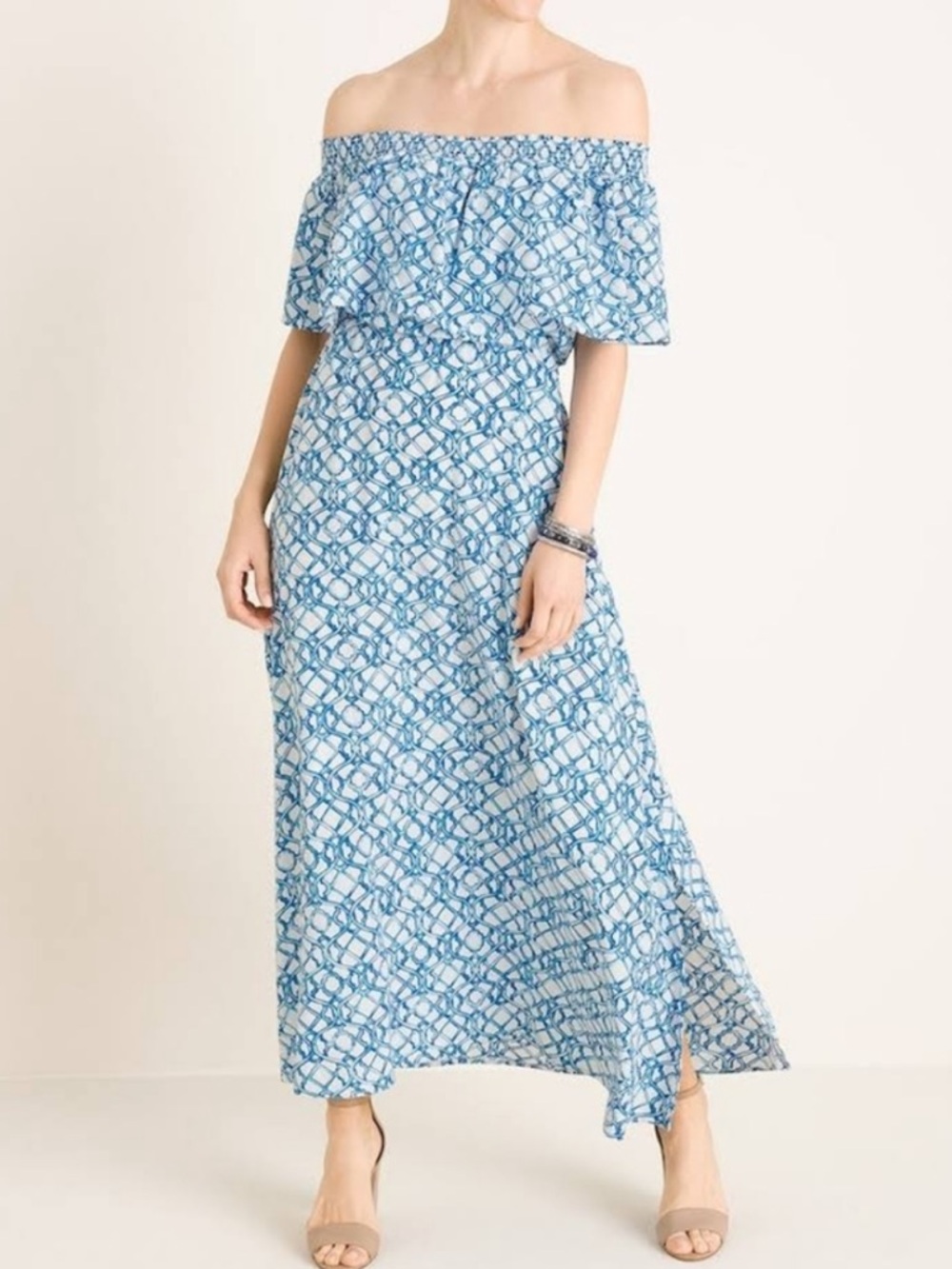 Chico’s Smocked Off Shoulder Blue & White Maxi Dress, Size 2 (retail 129.00)